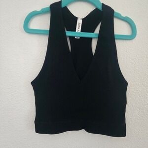 Zenana Black Ribbed Seamless V-Neck Racerback Crop Top NT-6133A L/XL